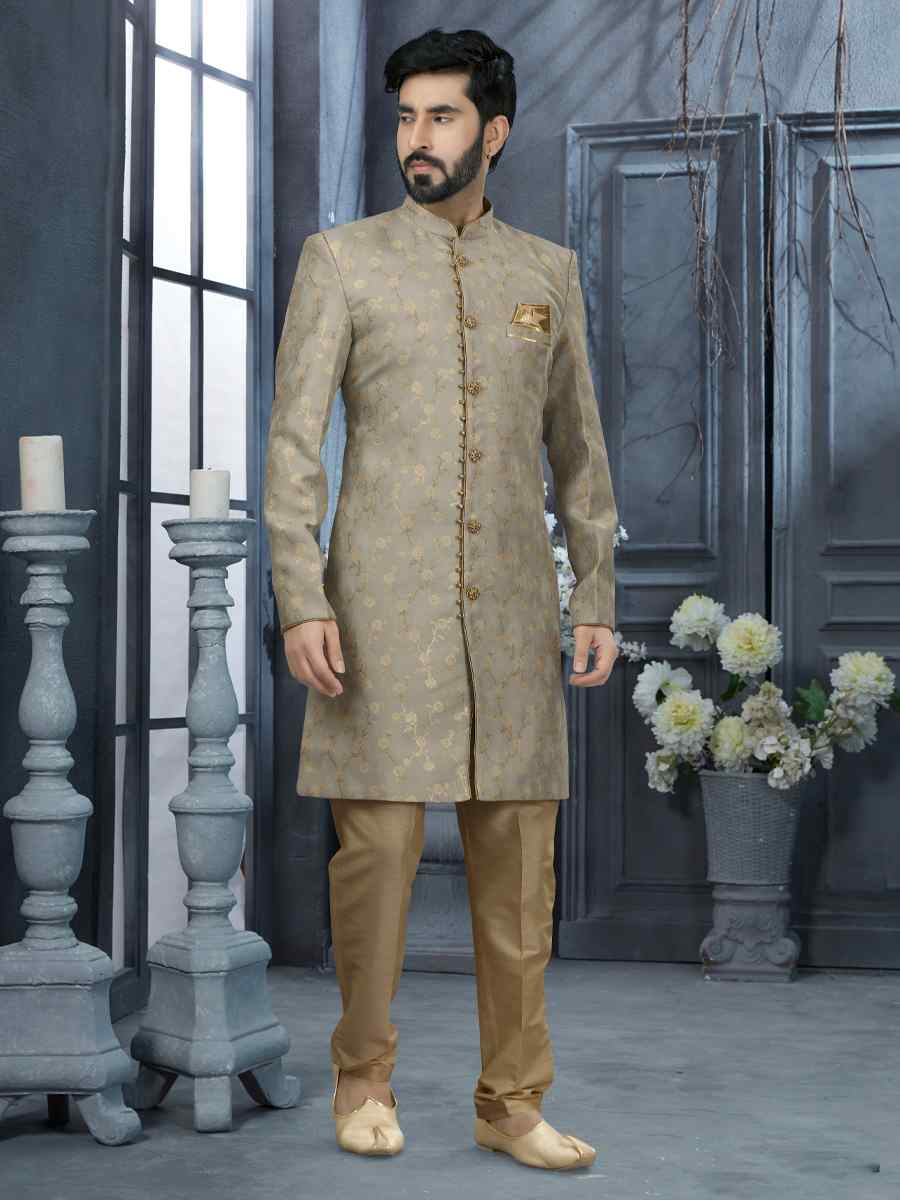 Gray Jacquard Woven Festival Wedding Sherwani