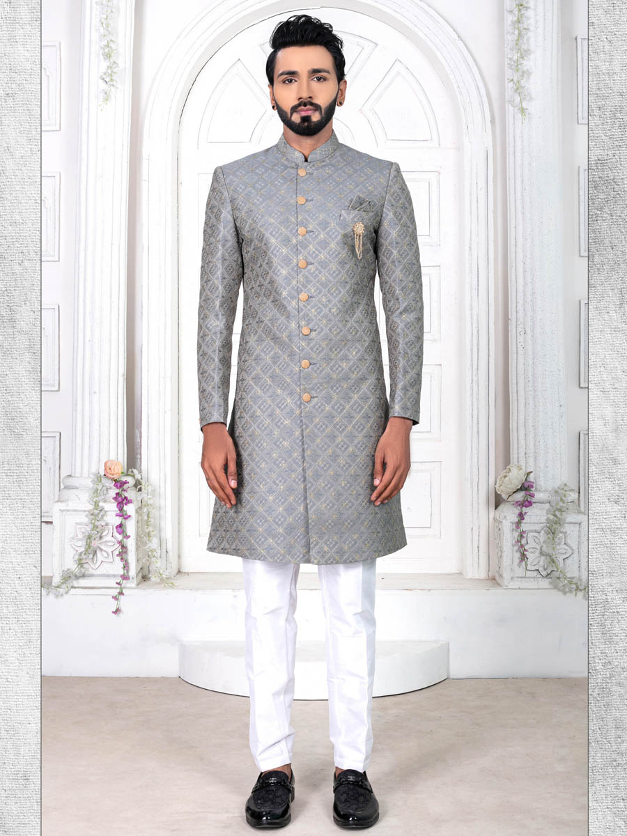 Gray Jecquard Embroidered Wedding Groom Sherwani
