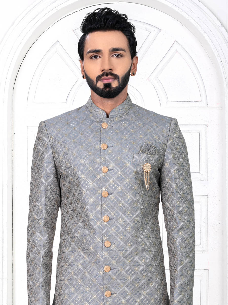 Gray Jecquard Embroidered Wedding Groom Sherwani