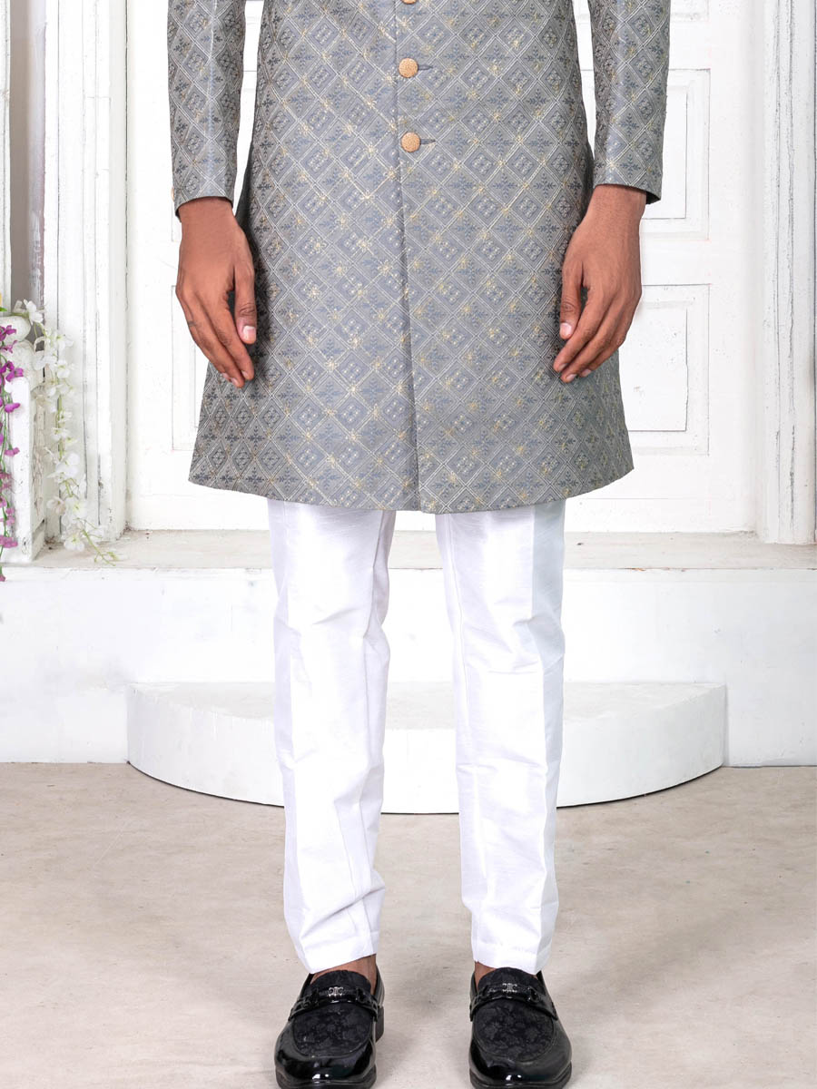 Gray Jecquard Embroidered Wedding Groom Sherwani
