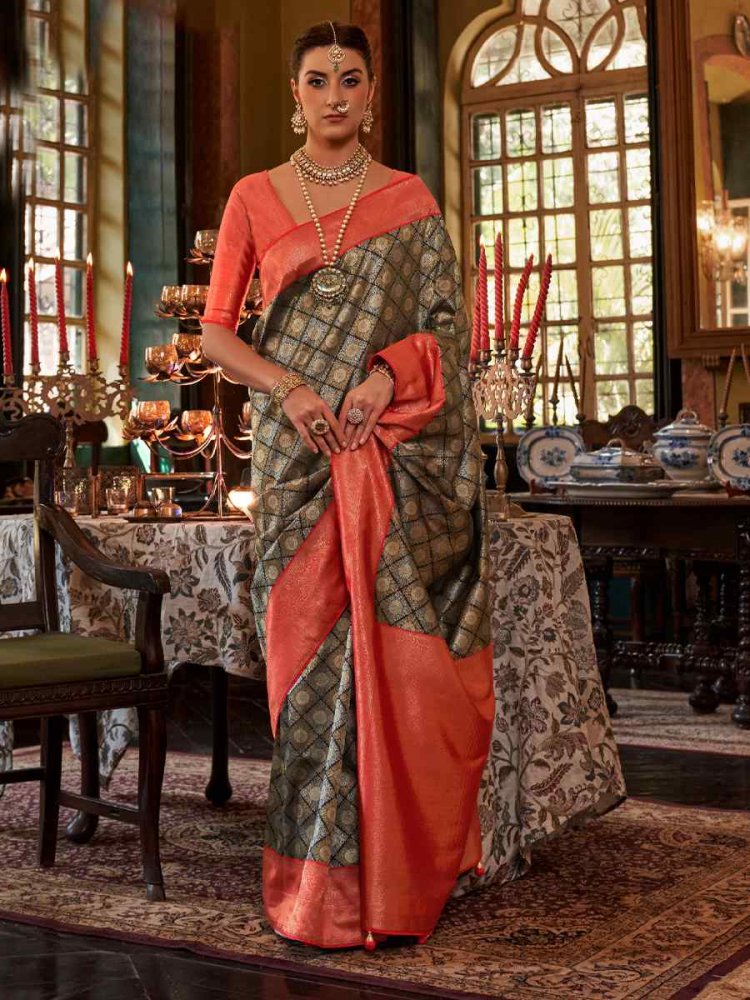 Gray Kanjivaram Silk Handwoven Wedding Festival Heavy Border Saree