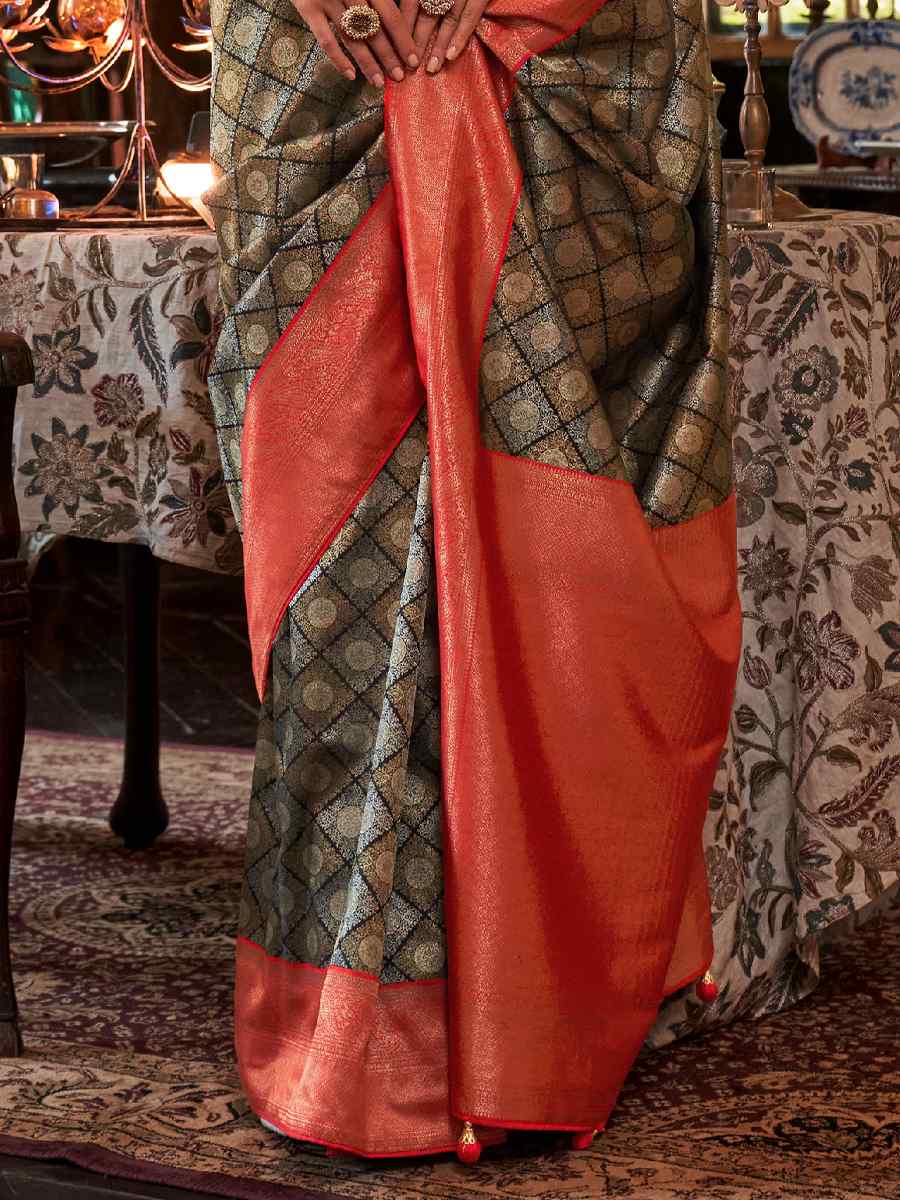 Gray Kanjivaram Silk Handwoven Wedding Festival Heavy Border Saree