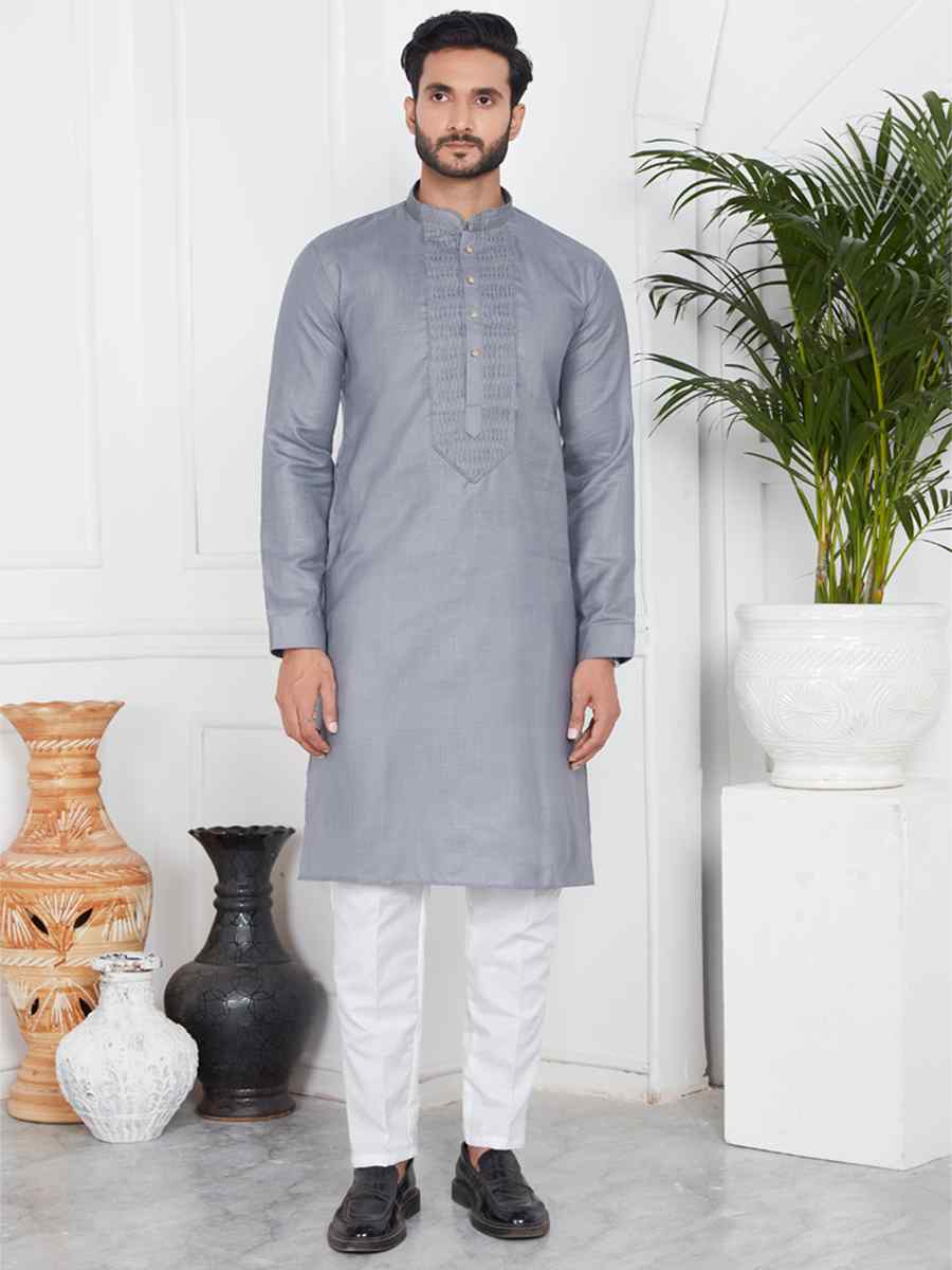 Gray Linen Cotton Printed Festival Casual Kurta
