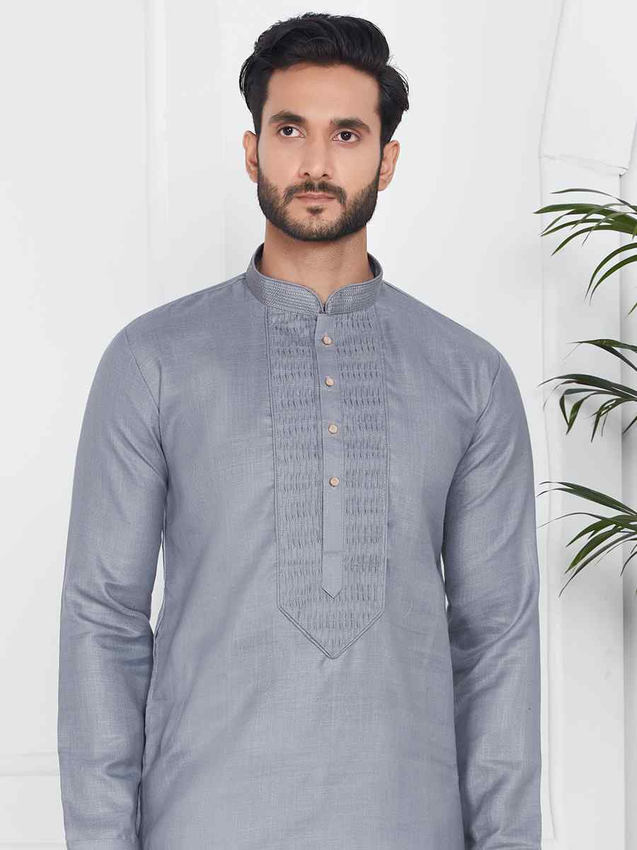 Gray Linen Cotton Printed Festival Casual Kurta