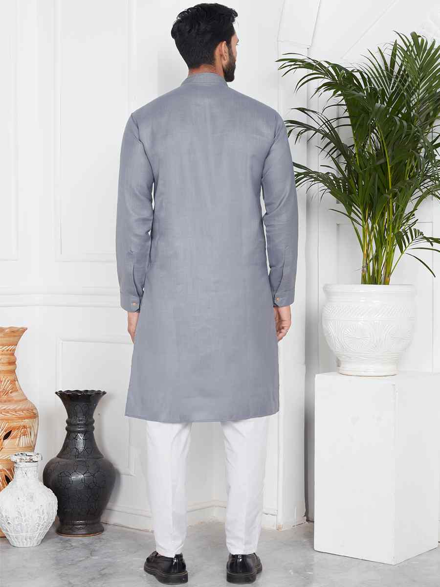 Gray Linen Cotton Printed Festival Casual Kurta