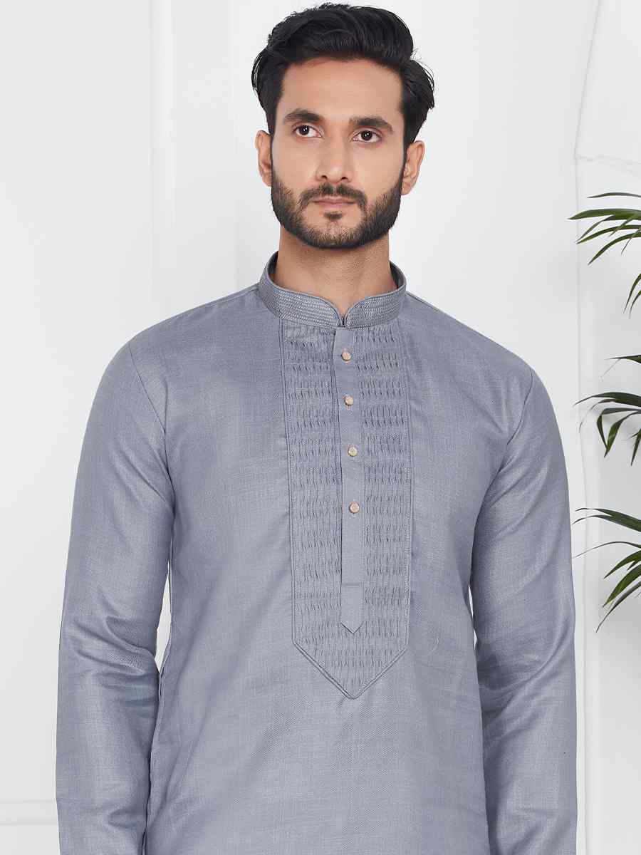 Gray Linen Cotton Printed Festival Casual Kurta