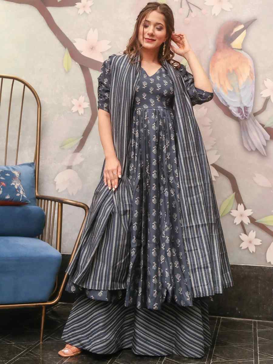 Gray Pure Muslin Printed Festival Casual Palazzo Pant Salwar Kameez