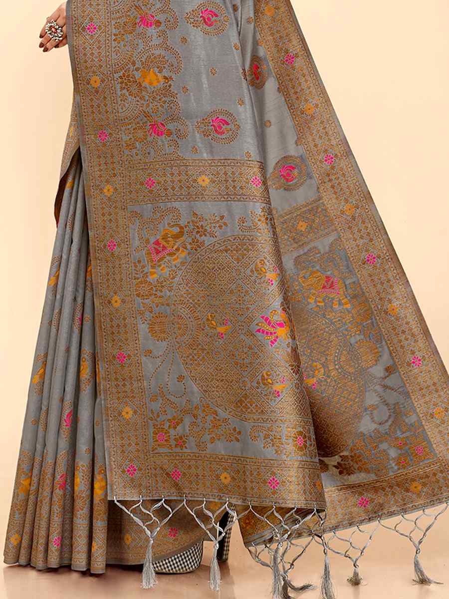 Gray Raw Silk Handwoven Wedding Festival Heavy Border Saree