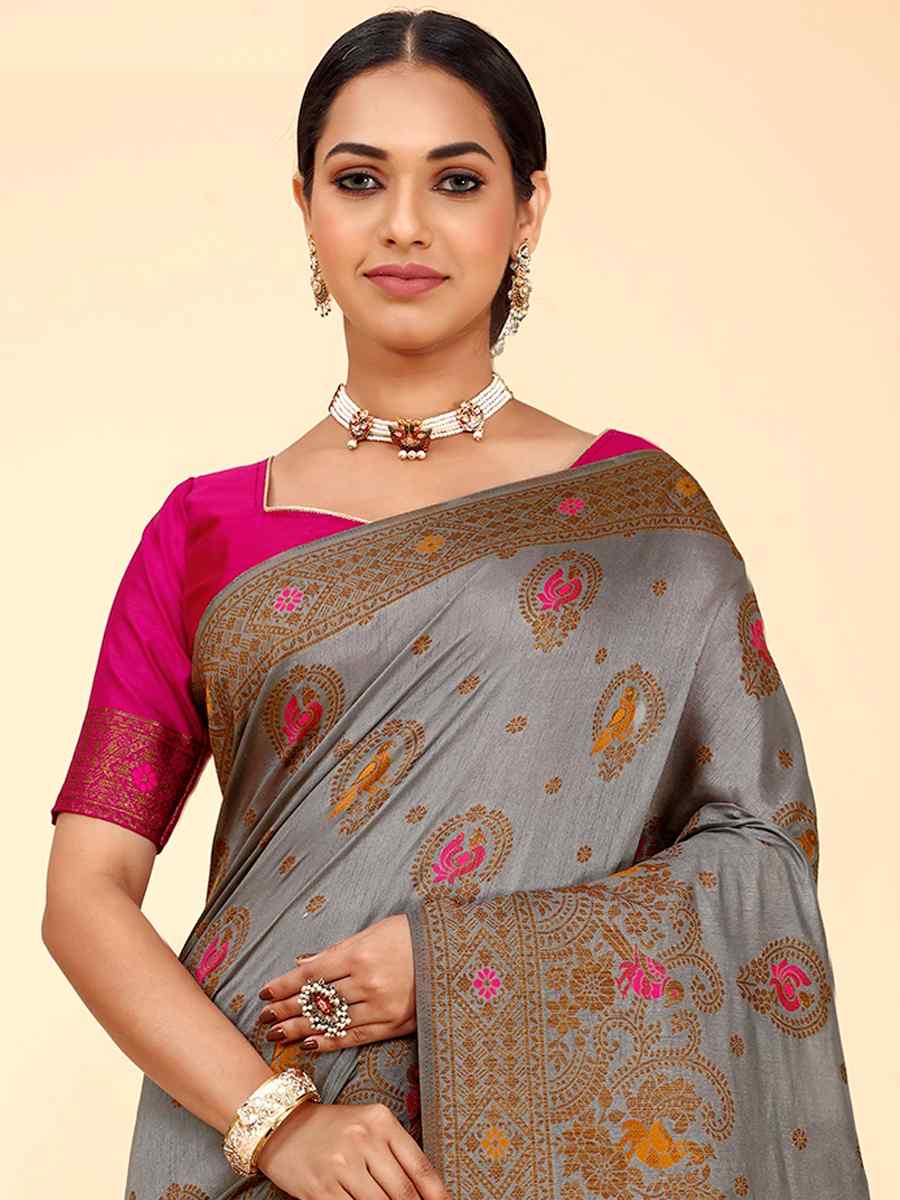 Gray Raw Silk Handwoven Wedding Festival Heavy Border Saree