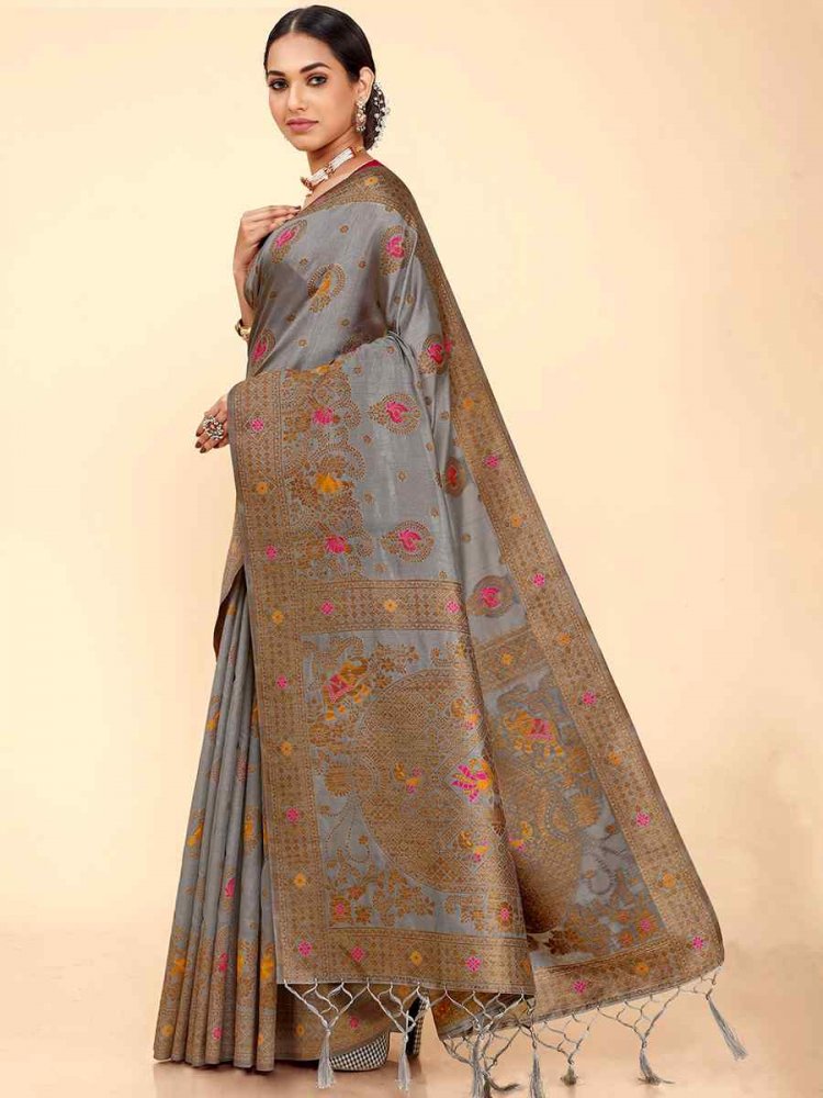 Gray Raw Silk Handwoven Wedding Festival Heavy Border Saree