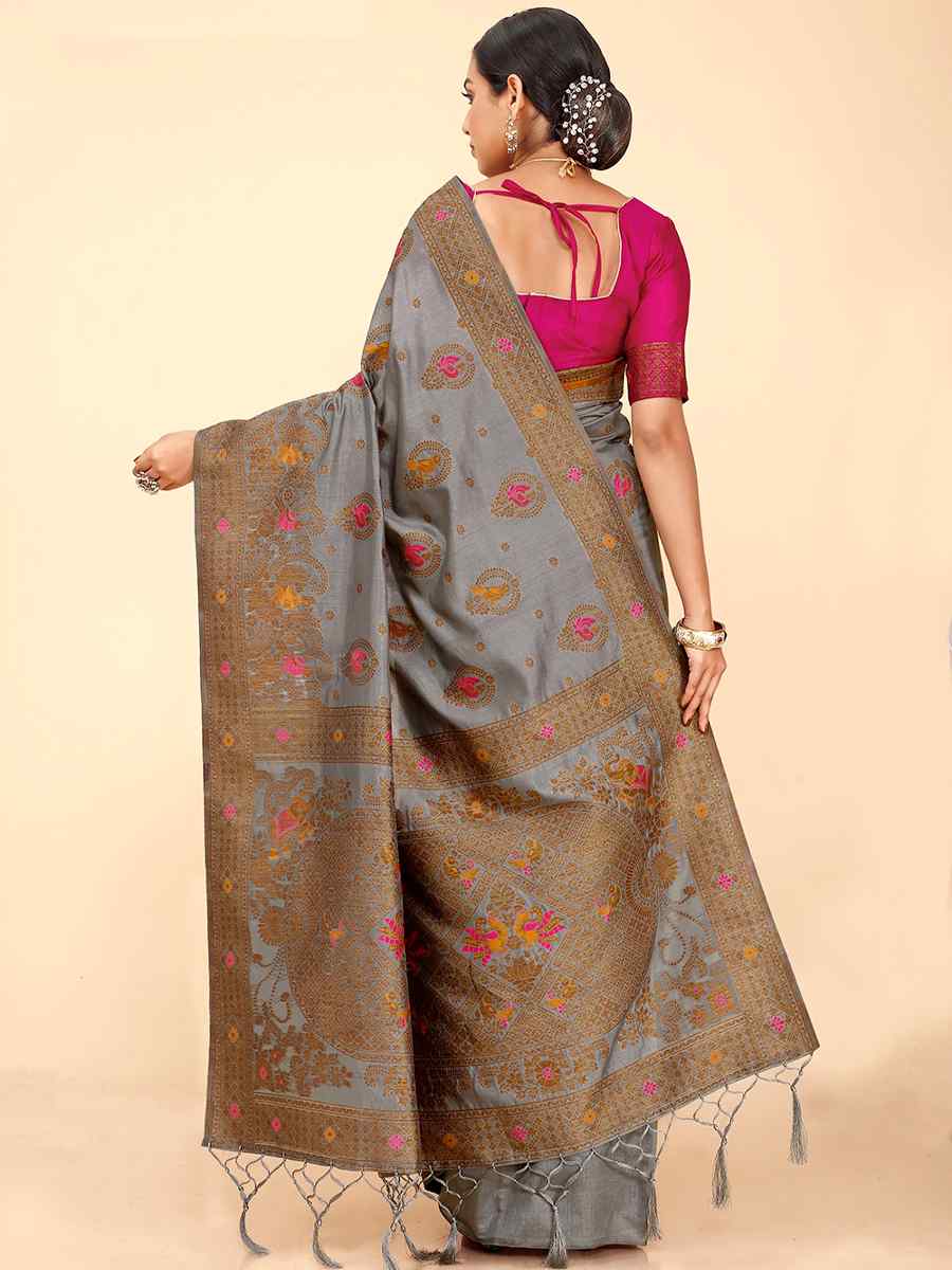 Gray Raw Silk Handwoven Wedding Festival Heavy Border Saree