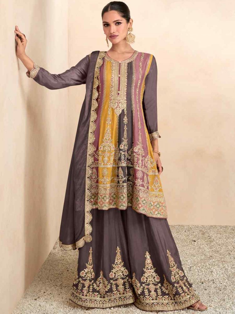 Gray Real Chinon Embroidered Festival Party Palazzo Pant Salwar Kameez