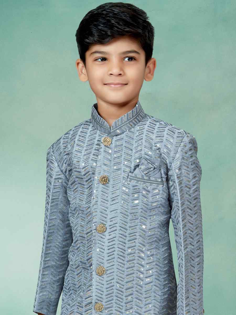 Gray Settelite Silk Embroidered Party Festival Kurta Pyjama Boys Wear