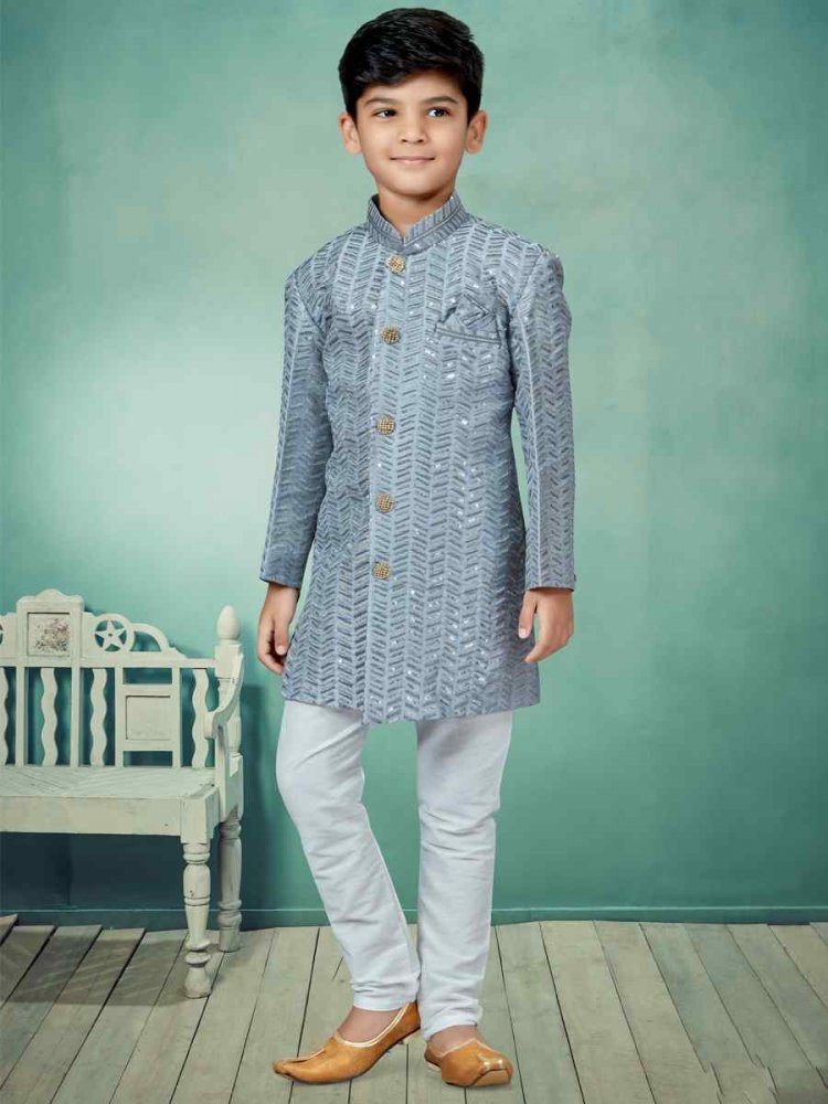 Gray Settelite Silk Embroidered Party Festival Kurta Pyjama Boys Wear