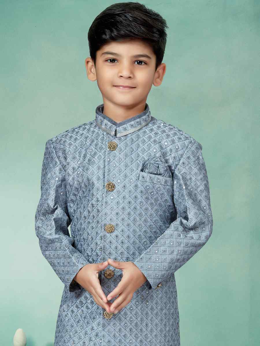 Gray Settelite Silk Embroidered Party Festival Kurta Pyjama Boys Wear