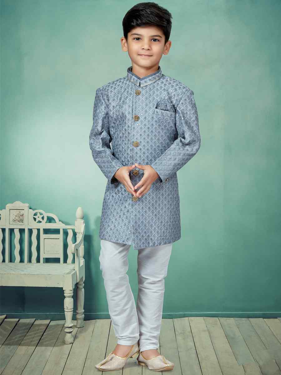 Gray Settelite Silk Embroidered Party Festival Kurta Pyjama Boys Wear