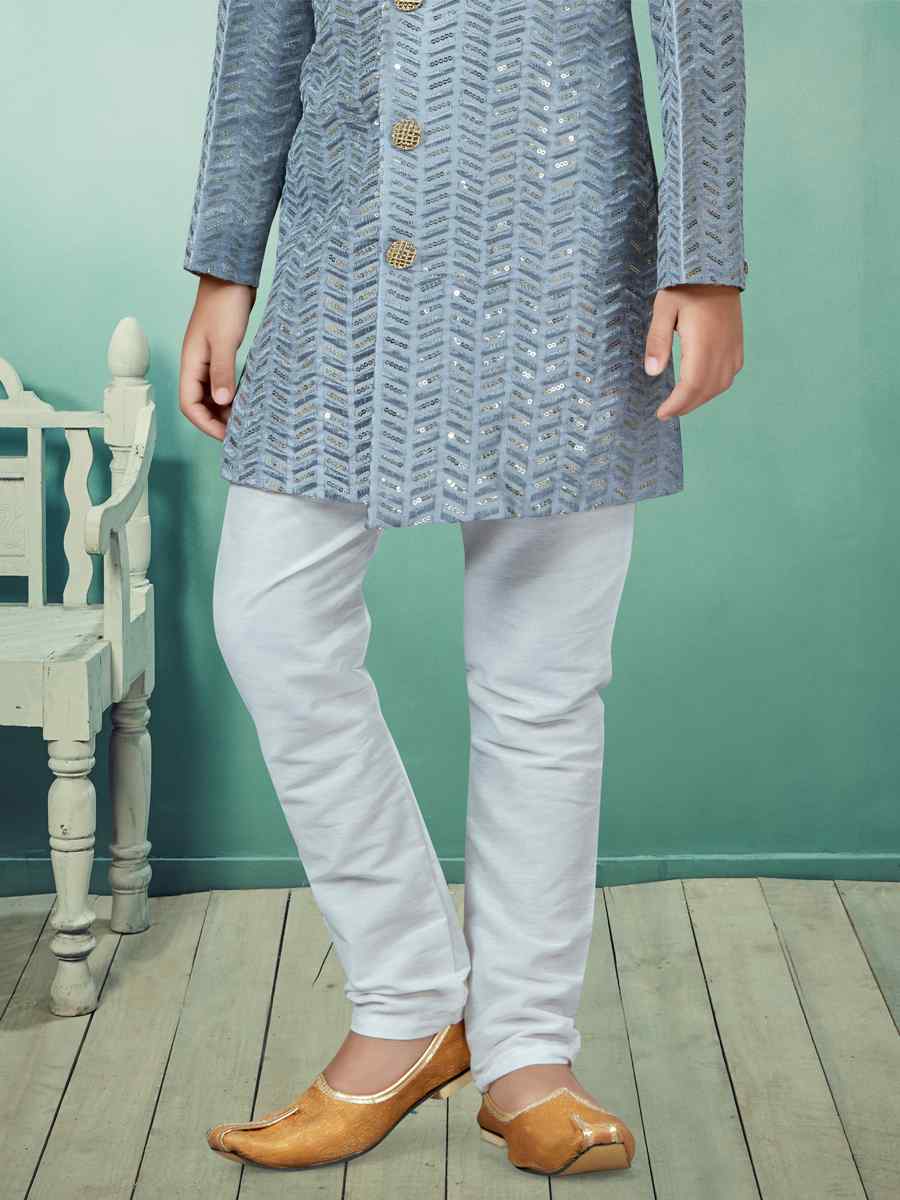 Gray Settelite Silk Embroidered Party Festival Kurta Pyjama Boys Wear