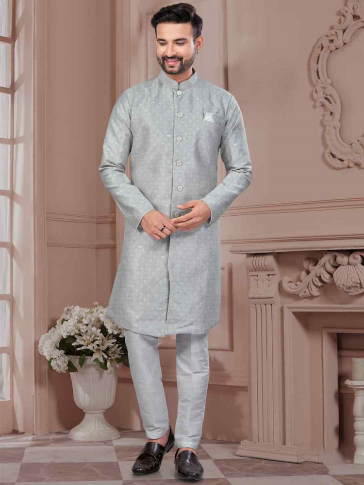 Gray Silk Dupion Embroidered Festival Wedding Sherwani