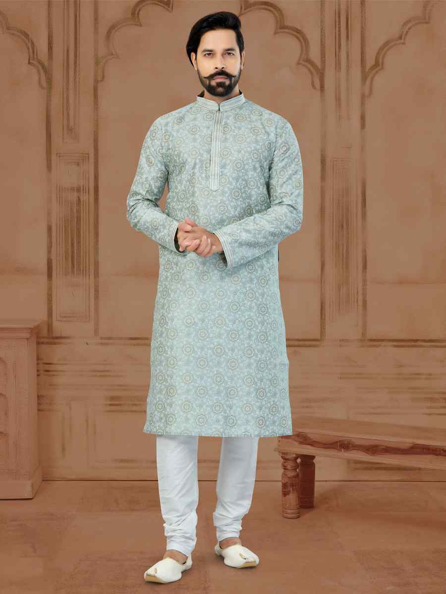 Gray Silk Dupion Printed Festival Kurta