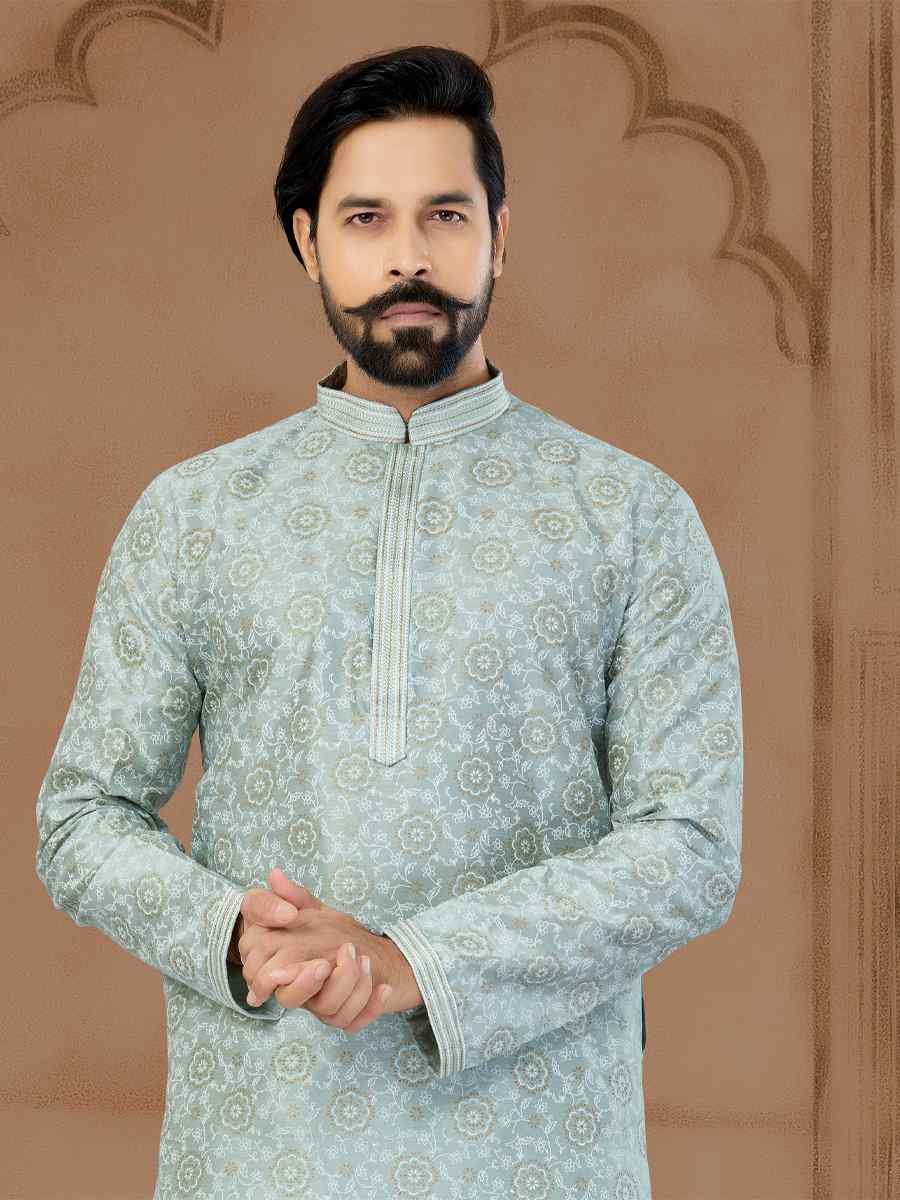 Gray Silk Dupion Printed Festival Kurta