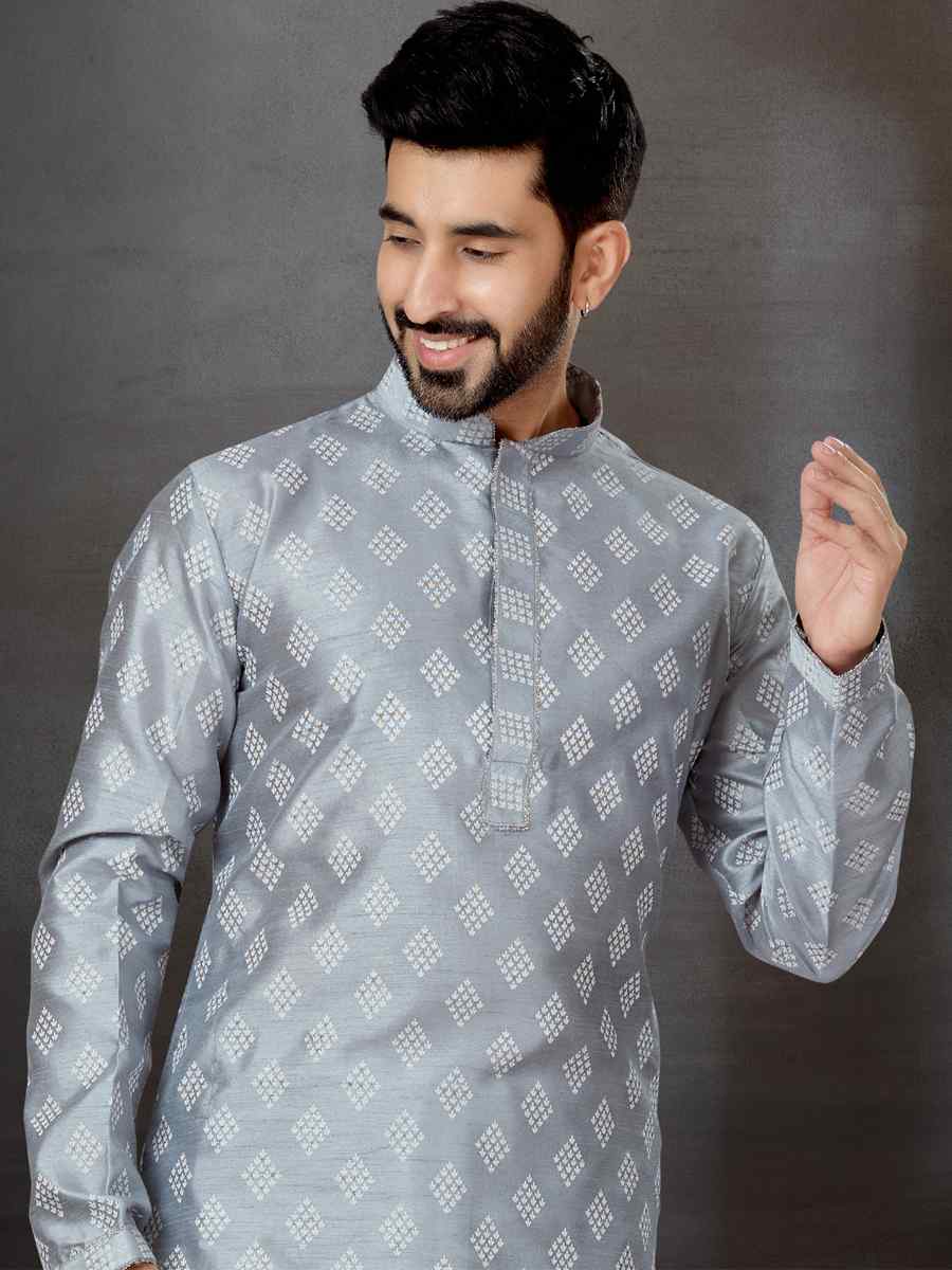 Gray Silk Dupion Woven Festival Wedding Kurta