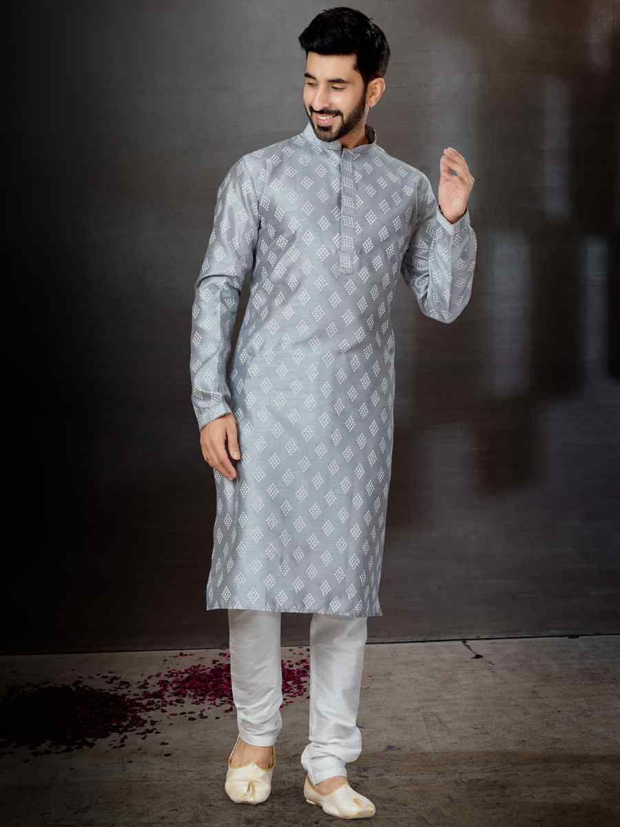 Gray Silk Dupion Woven Festival Wedding Kurta