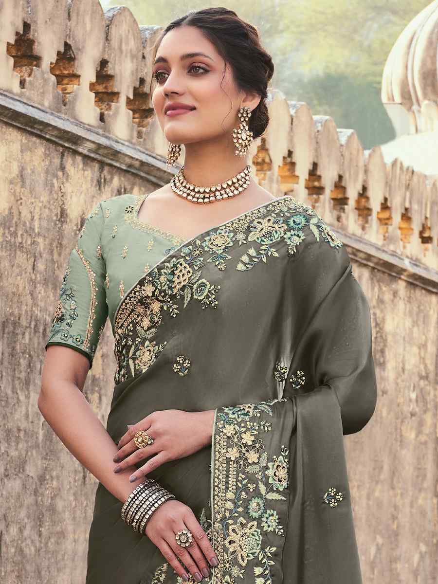 Gray Silk Embroidered Wedding Festival Heavy Border Saree