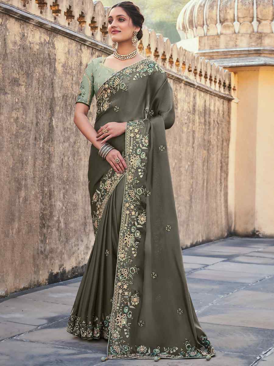 Gray Silk Embroidered Wedding Festival Heavy Border Saree