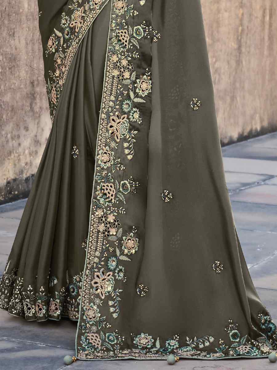 Gray Silk Embroidered Wedding Festival Heavy Border Saree