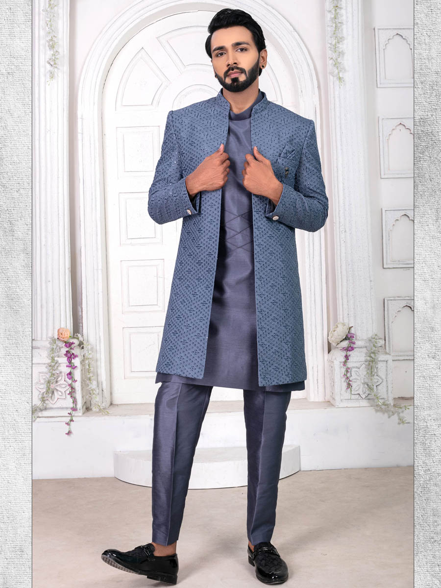 Gray Silk Embroidered Wedding Groom Sherwani