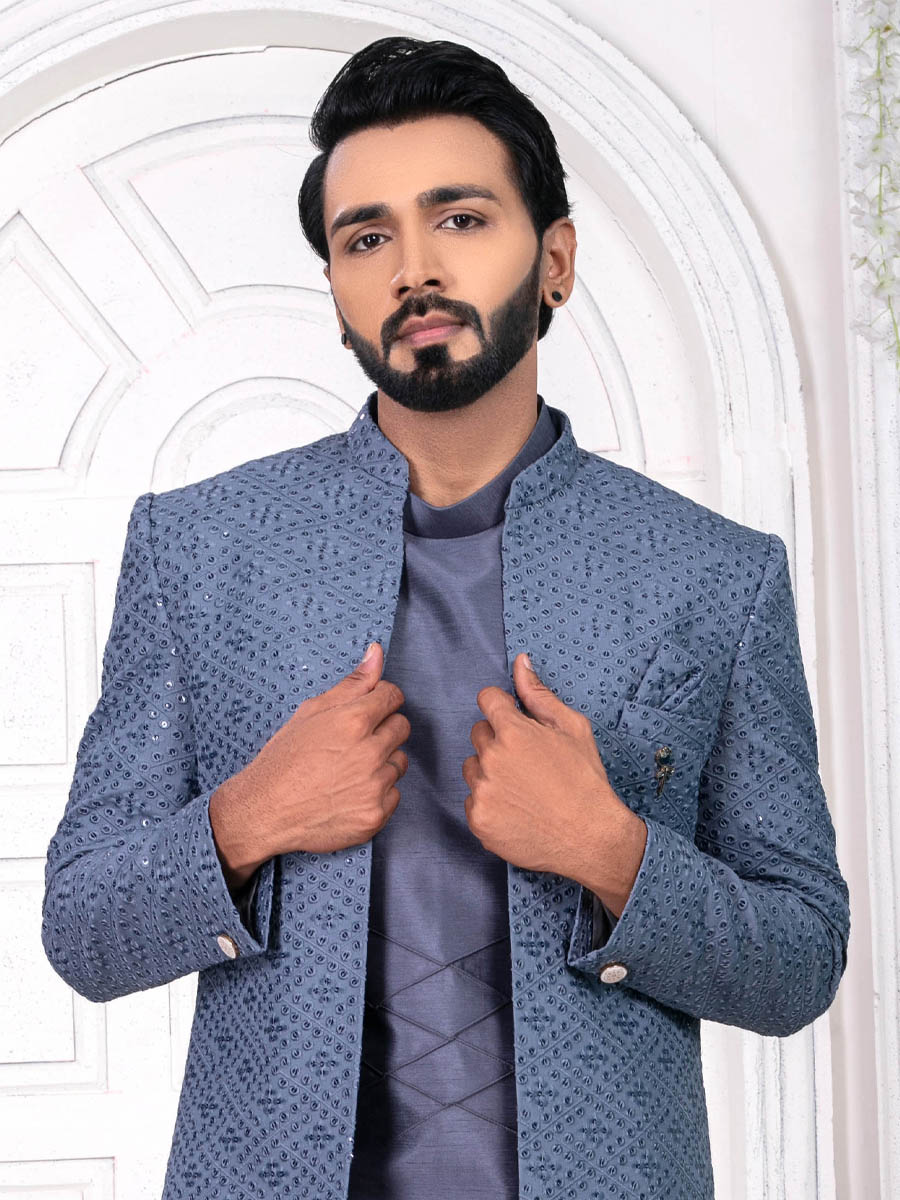 Gray Silk Embroidered Wedding Groom Sherwani