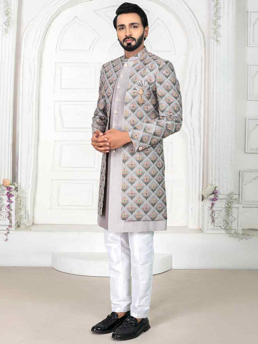 Gray Silk Embroidered Wedding Groom Sherwani