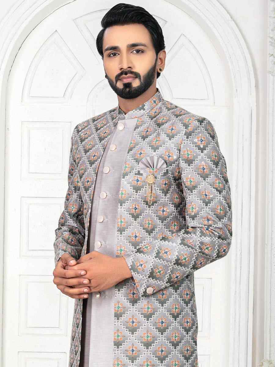 Gray Silk Embroidered Wedding Groom Sherwani