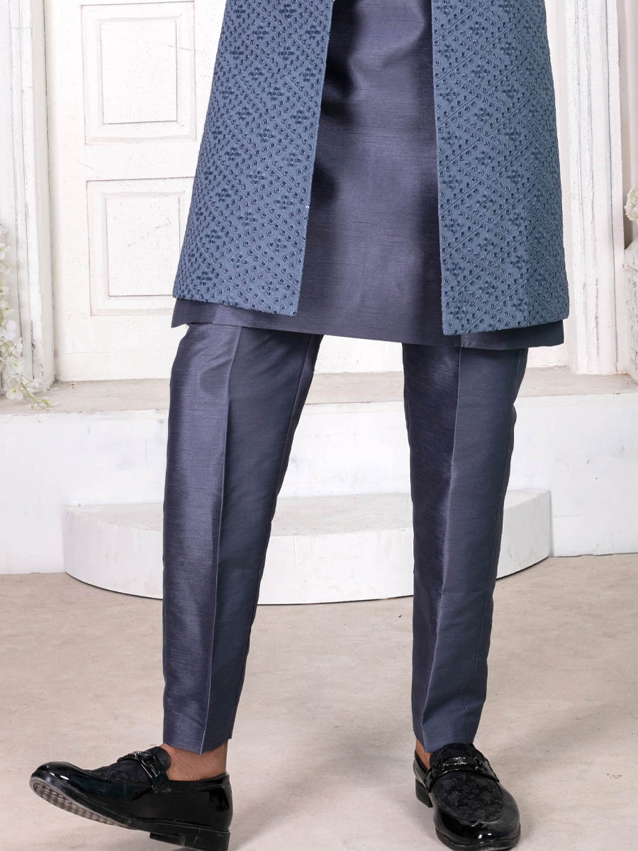 Gray Silk Embroidered Wedding Groom Sherwani