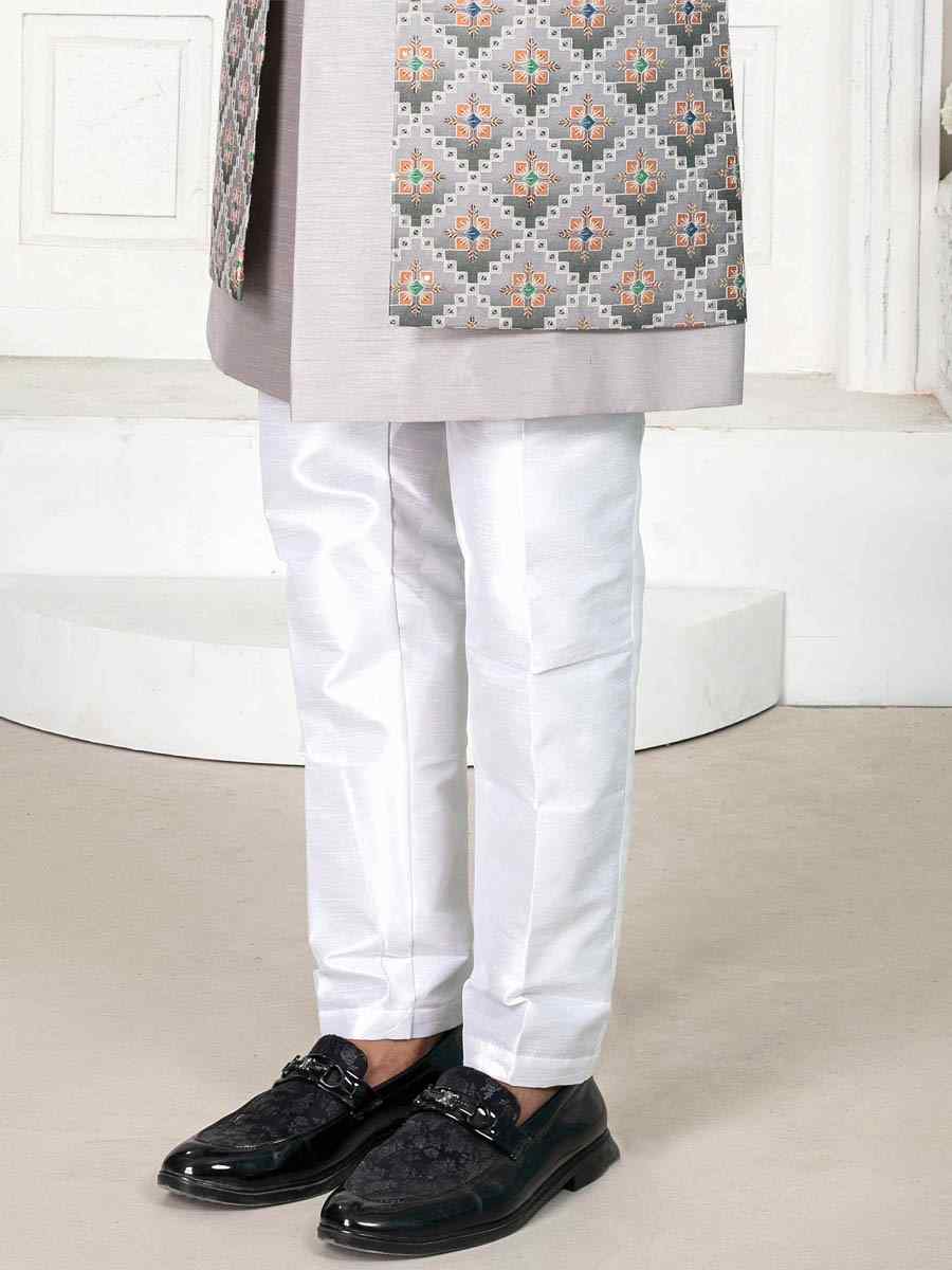 Gray Silk Embroidered Wedding Groom Sherwani