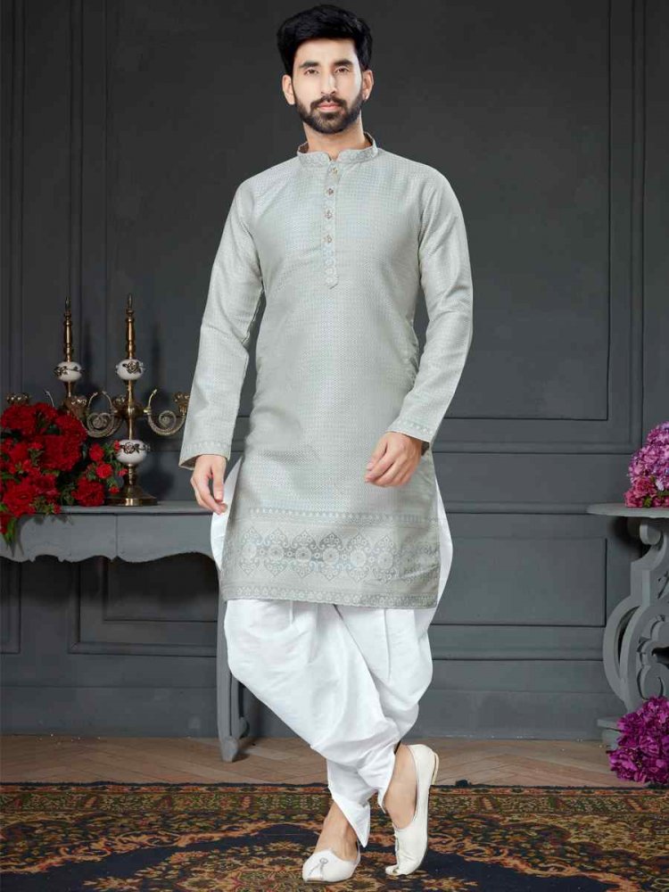 Gray Silk Jacquard Woven Festival Kurta