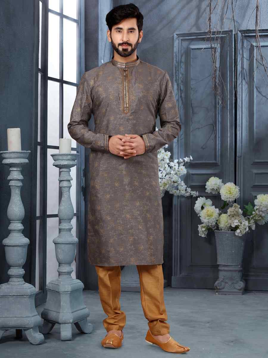Gray Silk Woven Festival Party Kurta