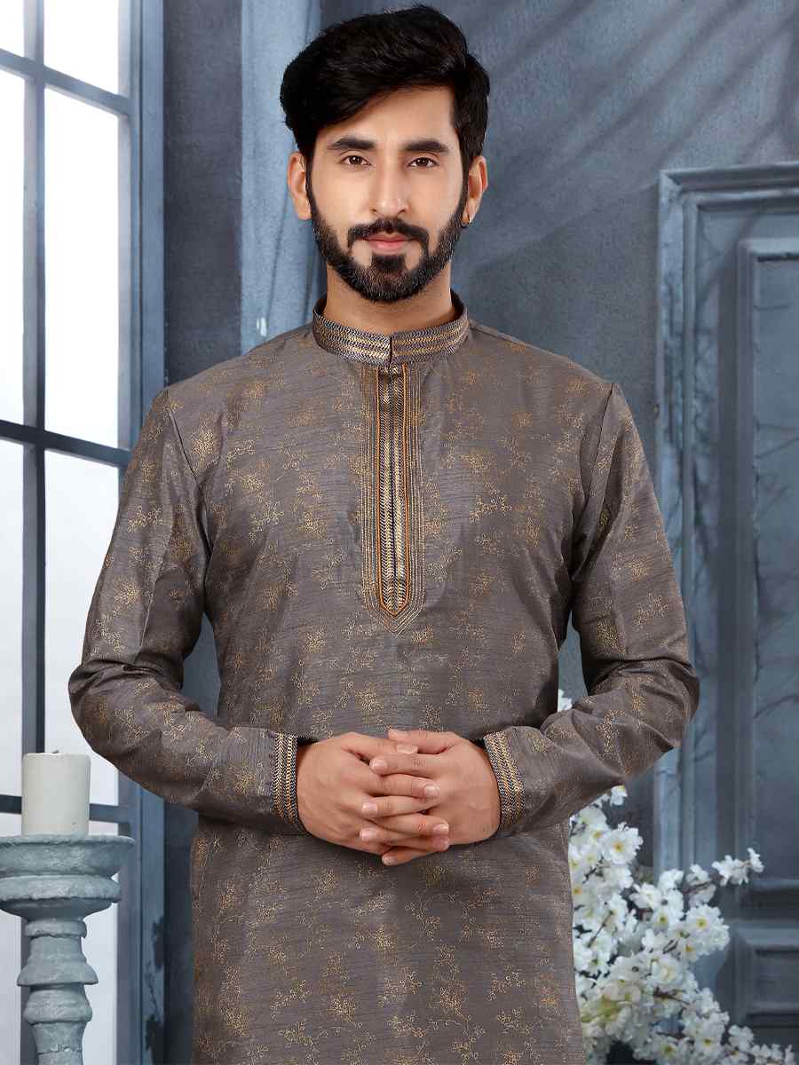 Gray Silk Woven Festival Party Kurta