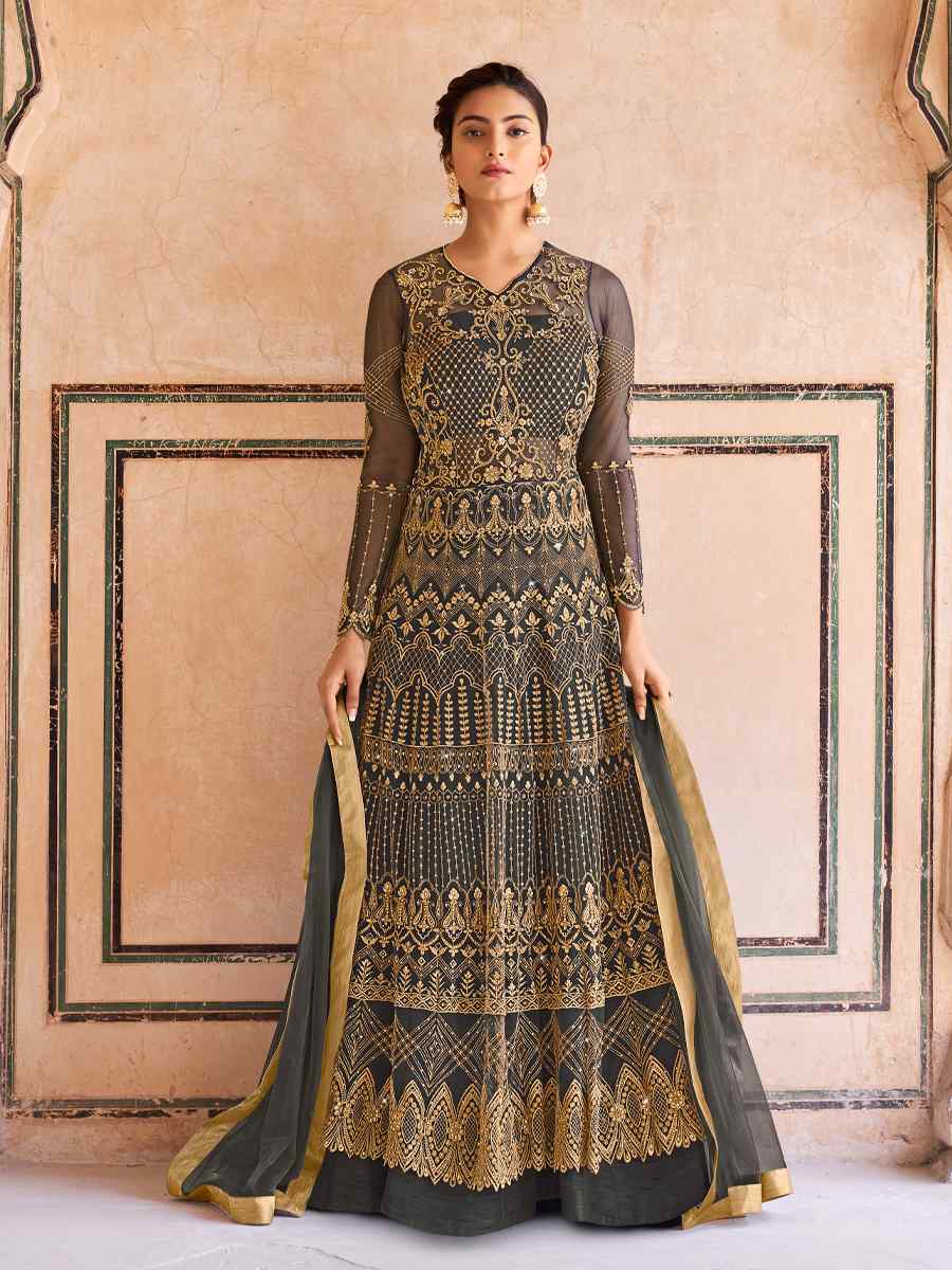 Gray Soft Net Embroidered Festival Party Anarkali Salwar Kameez