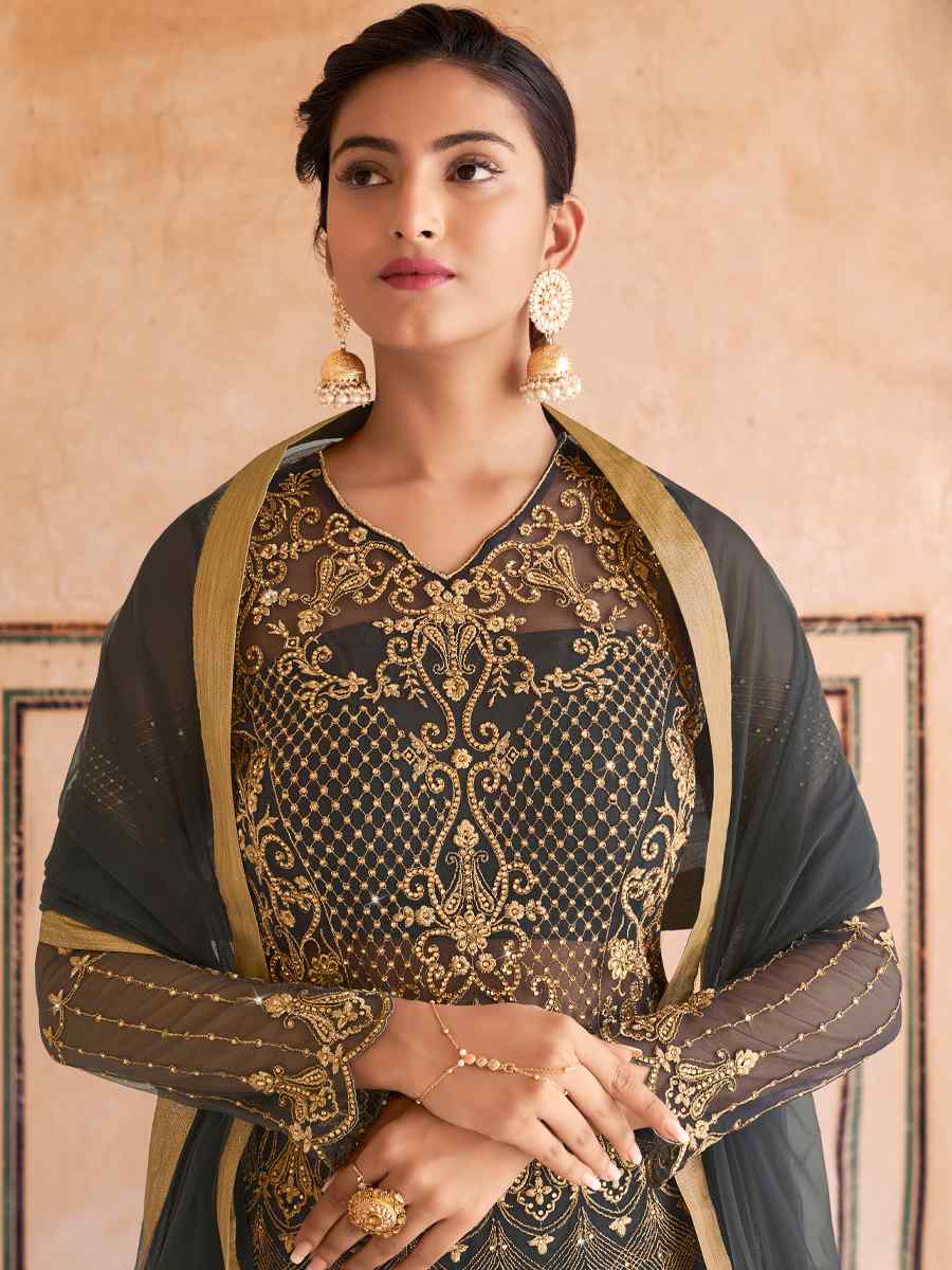 Gray Soft Net Embroidered Festival Party Anarkali Salwar Kameez