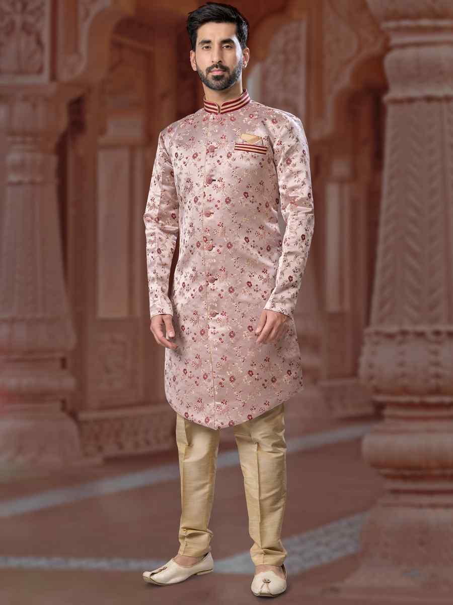 Gray to Maroon Banarasi Soft Jacquard Embroidered Groom Wedding Sherwani