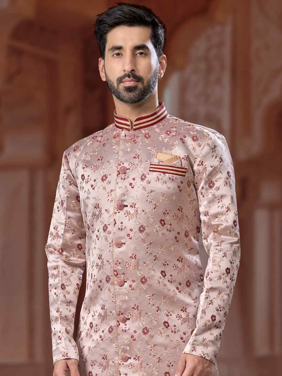 Gray to Maroon Banarasi Soft Jacquard Embroidered Groom Wedding Sherwani