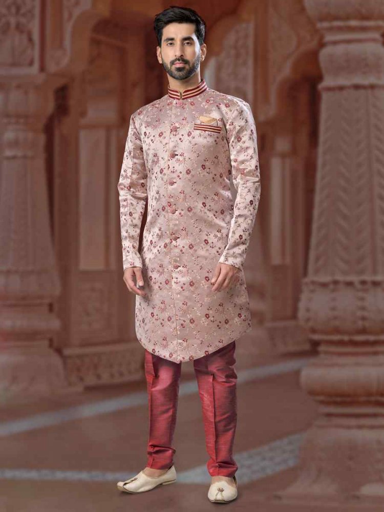 Gray to Maroon Banarasi Soft Jacquard Embroidered Groom Wedding Sherwani