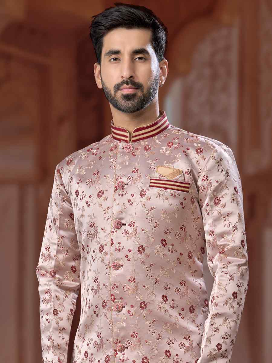 Gray to Maroon Banarasi Soft Jacquard Embroidered Groom Wedding Sherwani