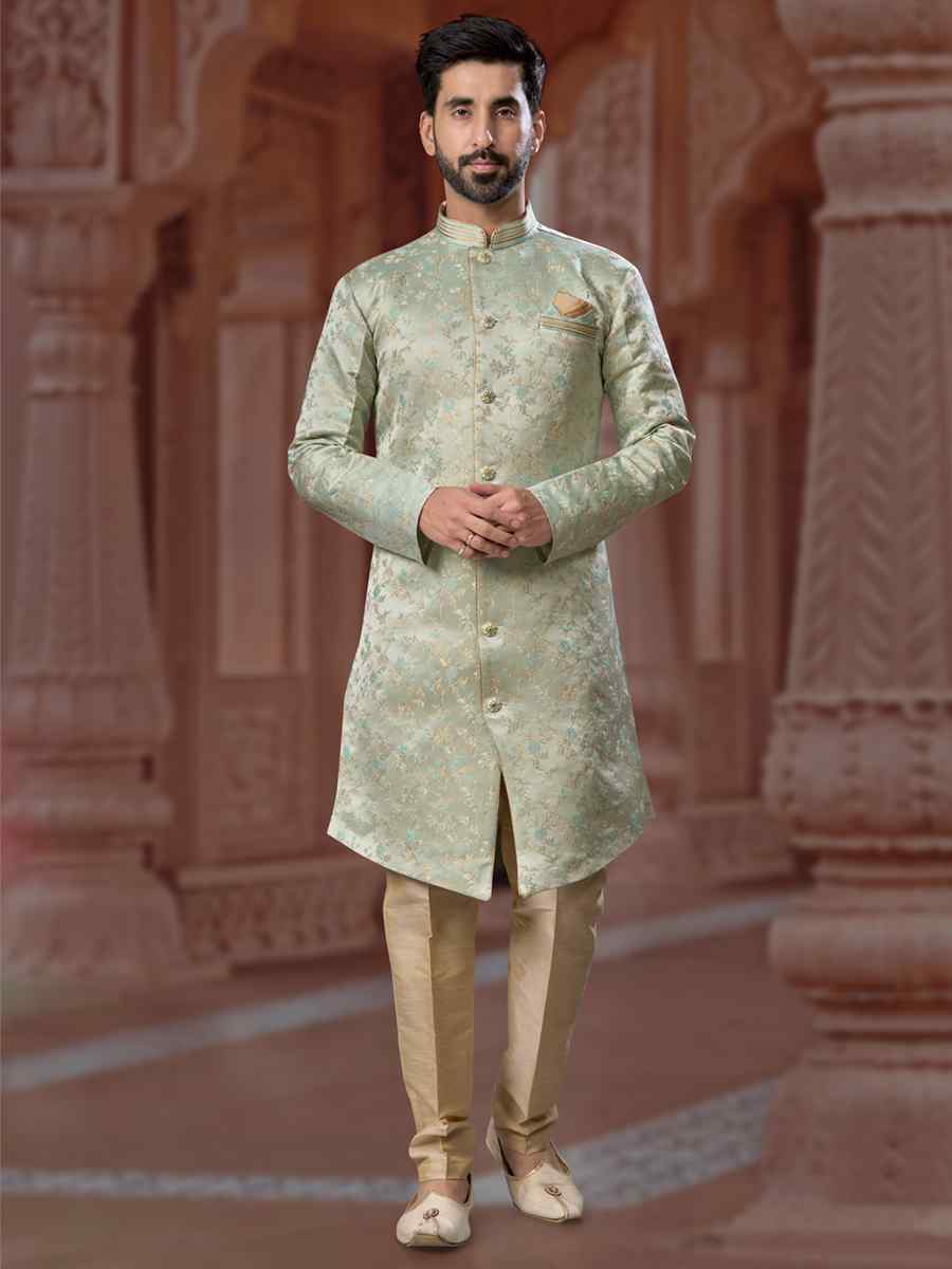 Gray to Sea Green Banarasi Soft Jacquard Embroidered Groom Wedding Sherwani