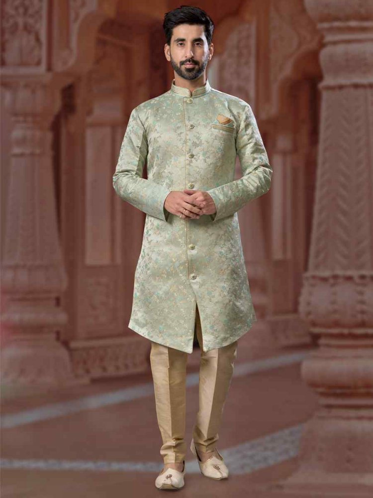 Gray to Sea Green Banarasi Soft Jacquard Embroidered Groom Wedding Sherwani