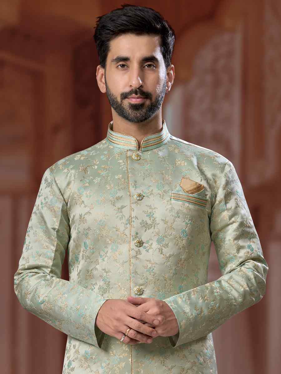 Gray to Sea Green Banarasi Soft Jacquard Embroidered Groom Wedding Sherwani