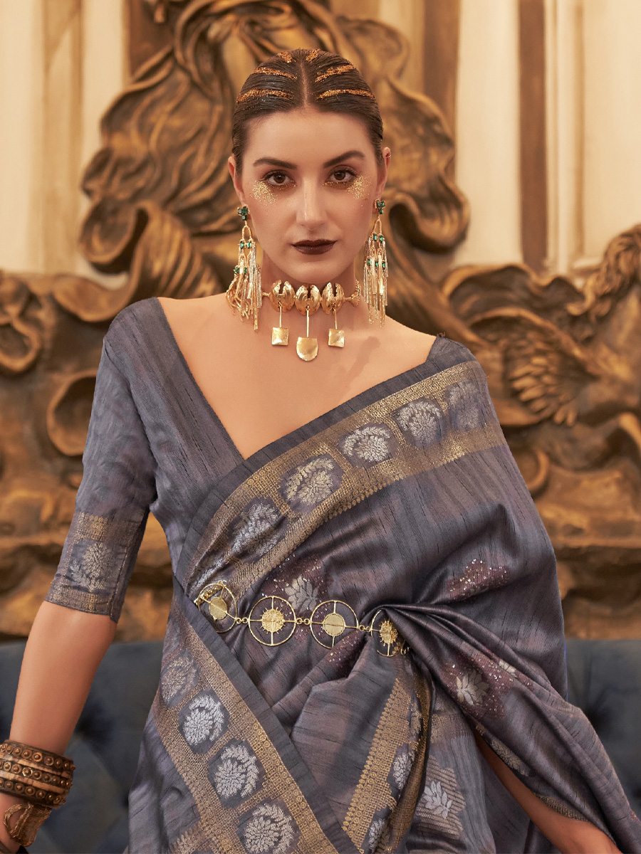 Gray Tusser Silk Handwoven Wedding Festival Heavy Border Saree