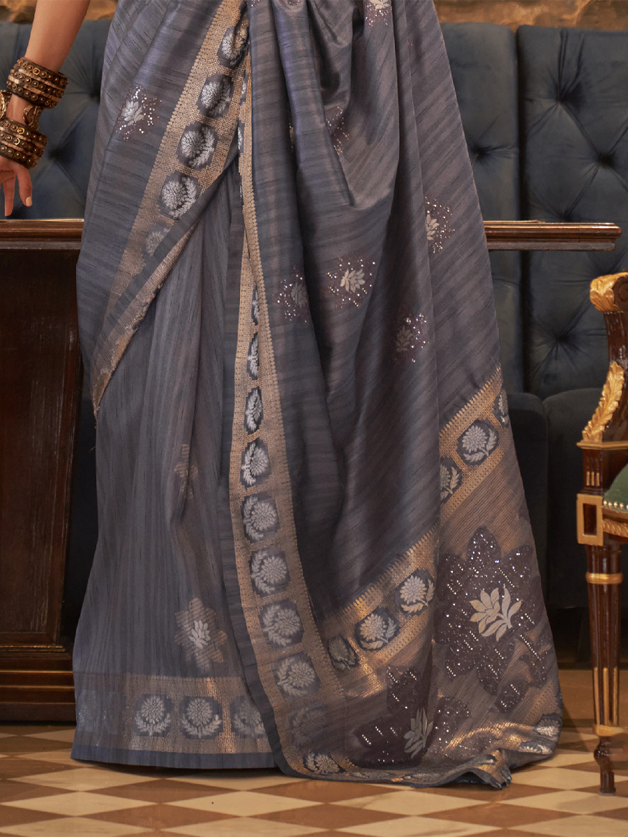 Gray Tusser Silk Handwoven Wedding Festival Heavy Border Saree