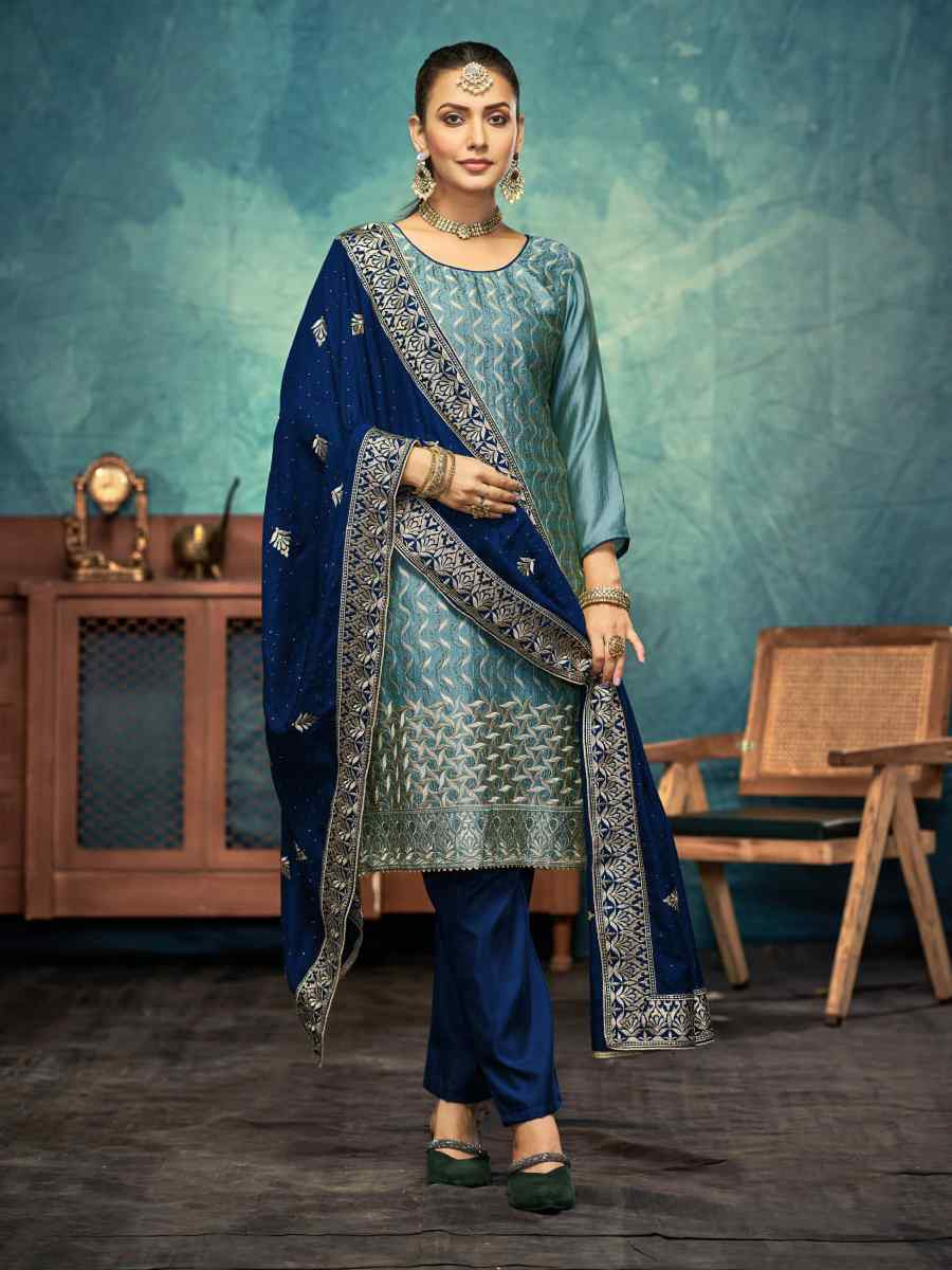 Gray Vichitra Embroidered Festival Wedding Pant Salwar Kameez
